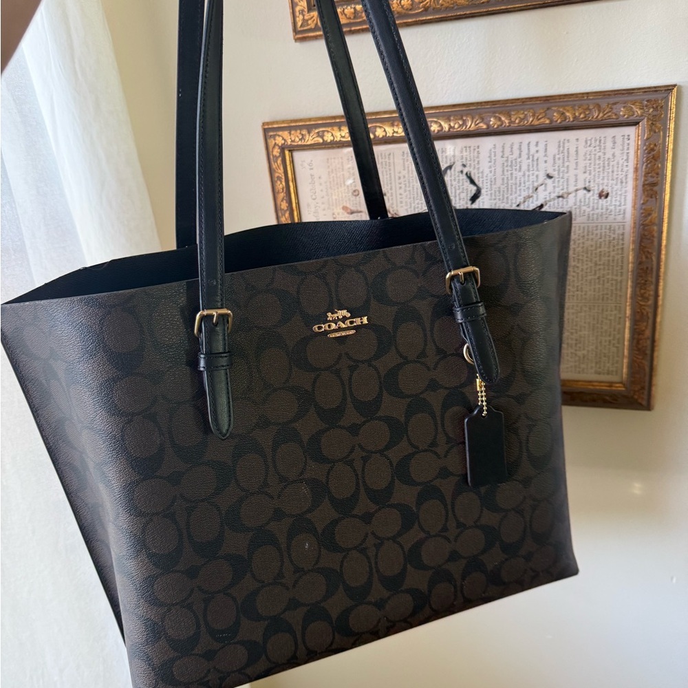 Coach Brown Signature Canvas Tote with Black Handles and Red Accent Pouch Set - Picture 2 of 12